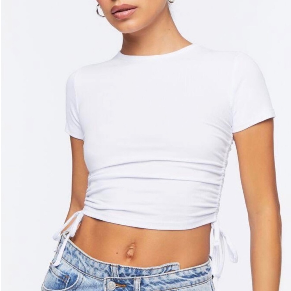 ZARA White Ribbed Tee with Side Ties